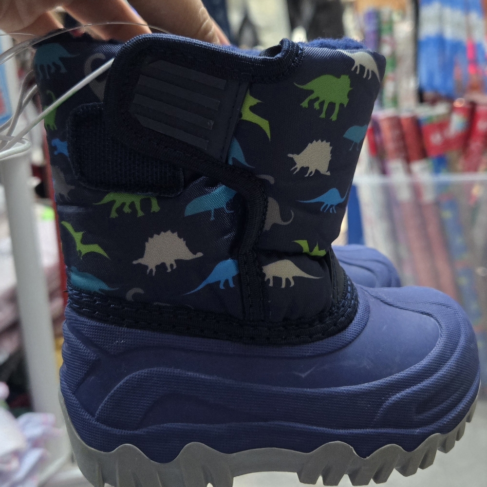 Navy Dinosaur Print Kids Snow Boots